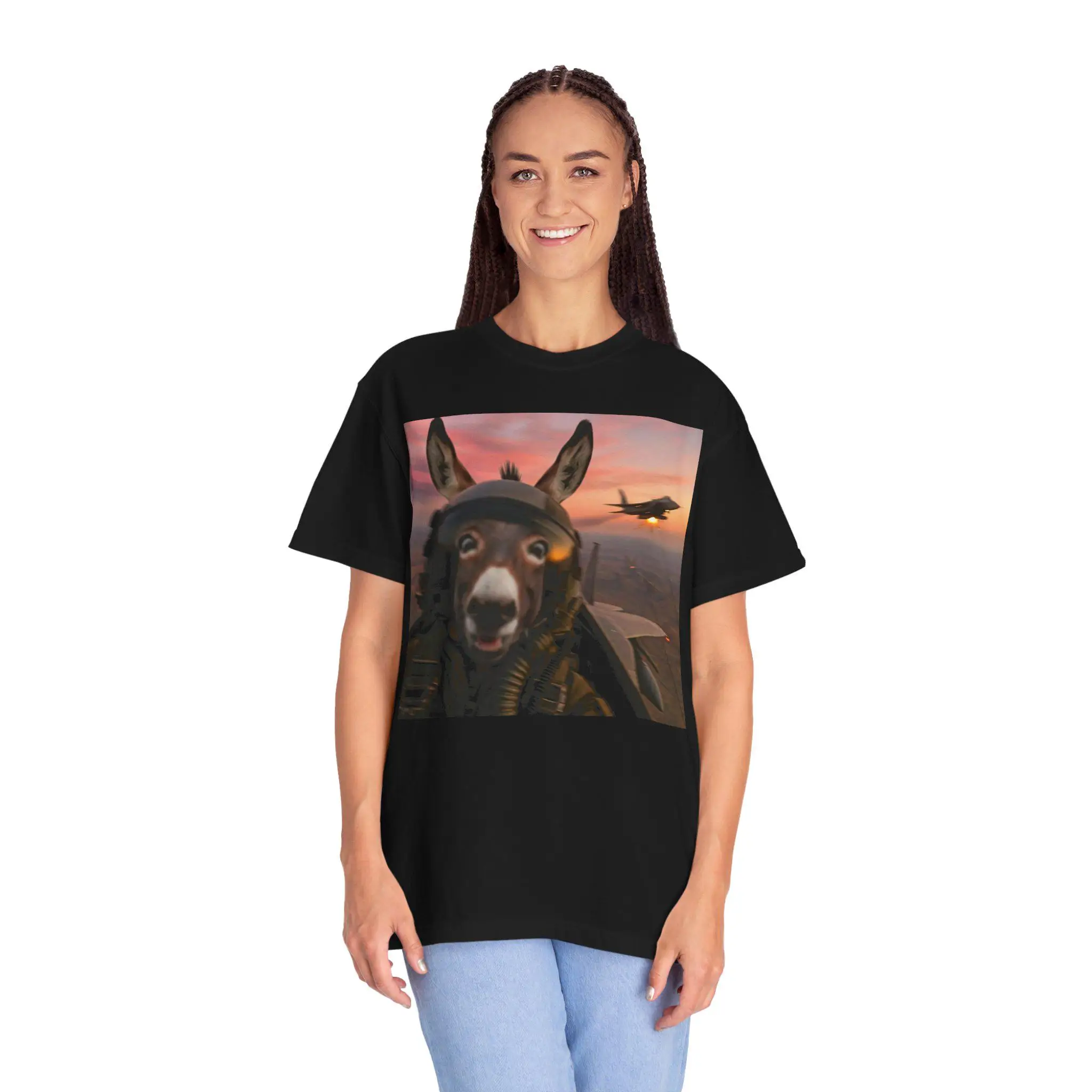 Funny Donkey Pilot T-Shirt - Tactical Donkey Fighter Jet Meme Shirt - Military Animal Humor Tee - Absurd Graphic Shirt