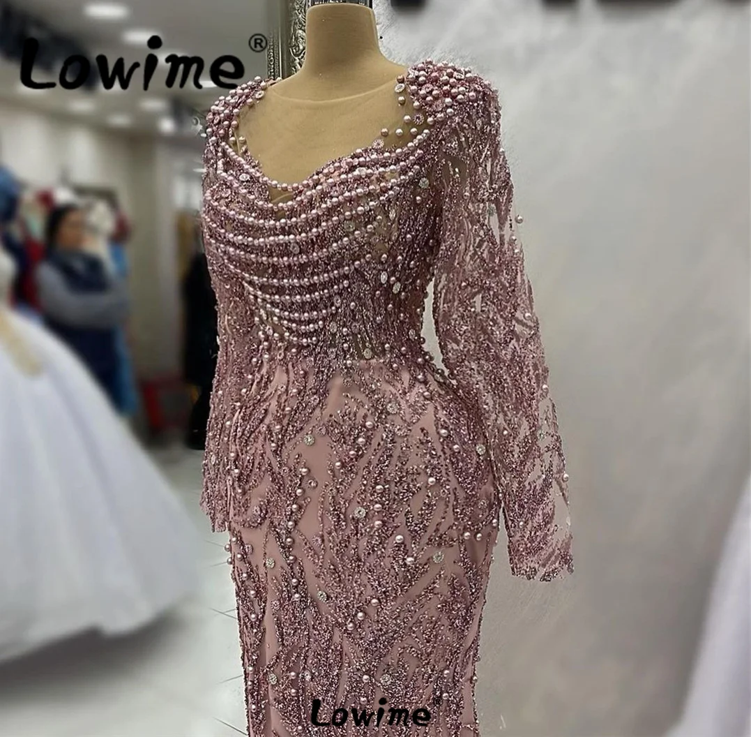 Pink Pearls Party Dress Arabic Long Sleeves Mermaid Formal Evening Gowns 2023 Robe Customized Side Slit Glitter Beaded Sequins