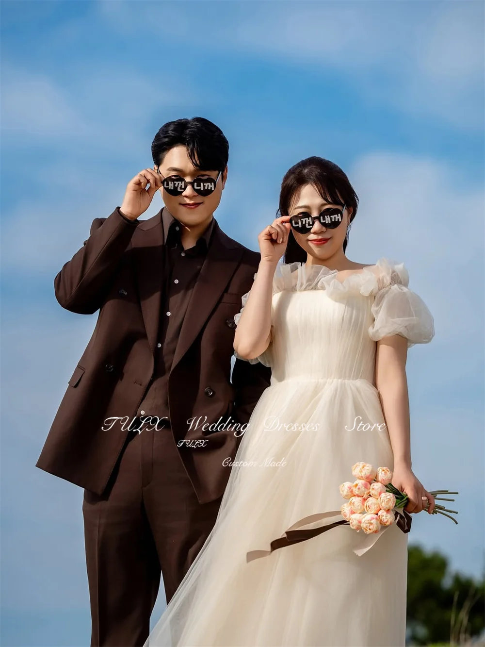 TULX Fairyชุดแต่งงานTulleเกาหลีถ่ายภาพStraplessพัฟแขนชุดเจ้าสาวความยาวชั้นรัดตัว ที่กําหนดเอง 2025