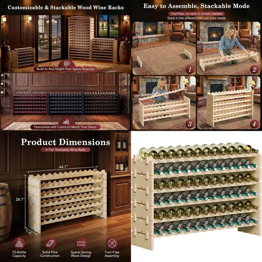 

6-Tier Wooden Wine Rack with 72 Stackable Slots for Floor Wine Storage and Display