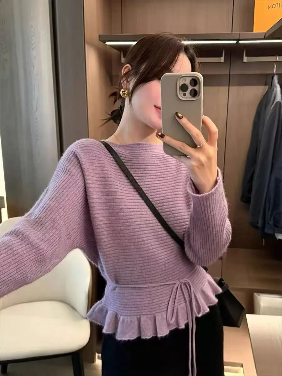 Feminino outono inverno novo estilo coreano macio plissado gravata na cintura de malha versátil camisola topo