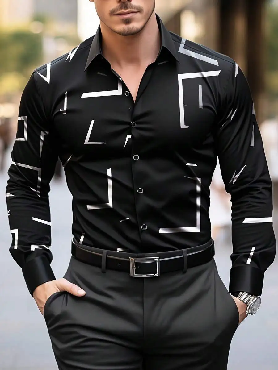 

Black Long Sleeve Button-Down Shirt with Geometric Print for Men