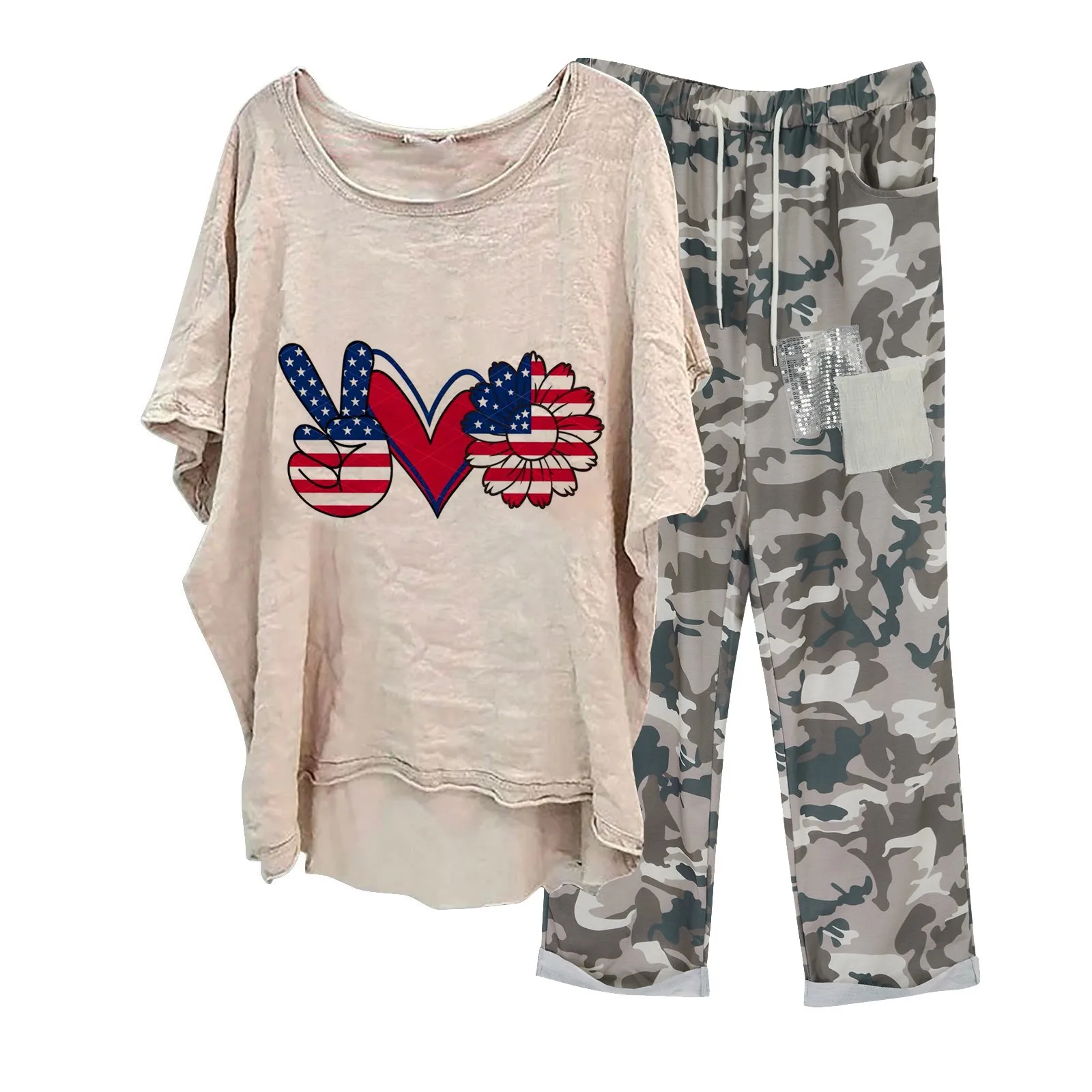 2pcs/Set Women Blouse Pants Camouflage Printed T-shirt Pants Set Drawstring Asymmetrical Summer Outfit Streetwear For Daily Wear