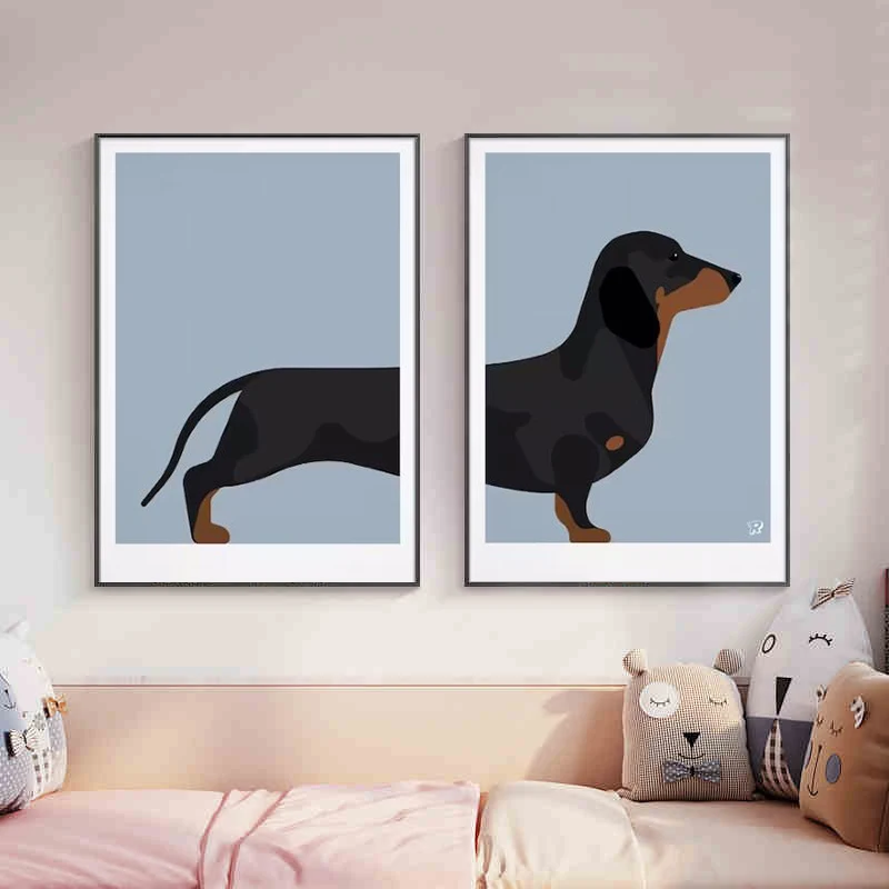 Cute Dachshund Dog Posters Canvas Painting Animal Cartoon Sausage Dog Wall Art Picture For Kid Living Room Home Decoration