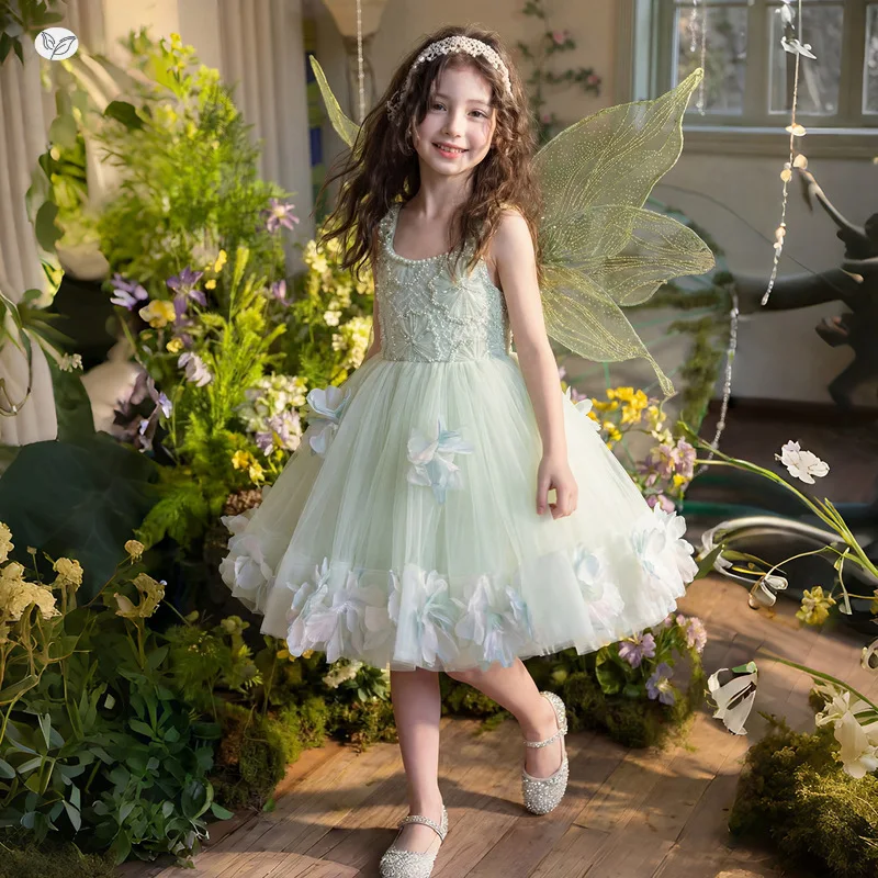 Girls' three-dimensional flower dress 2026 summer new item nail bead suspender gauze sweet princess fluffy skirt