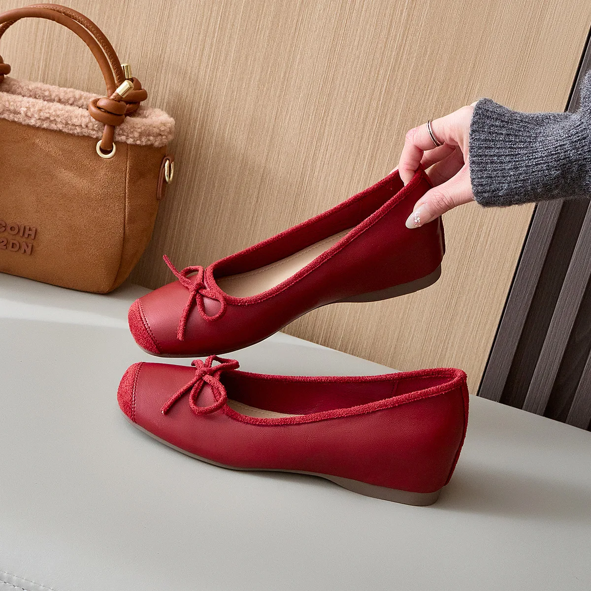 Chaussures plates de Ballet en cuir pour femmes, Style français rétro, nœud papillon, semelle intérieure haute à enfiler, Mary Janes, augmentation du caoutchouc, printemps automne