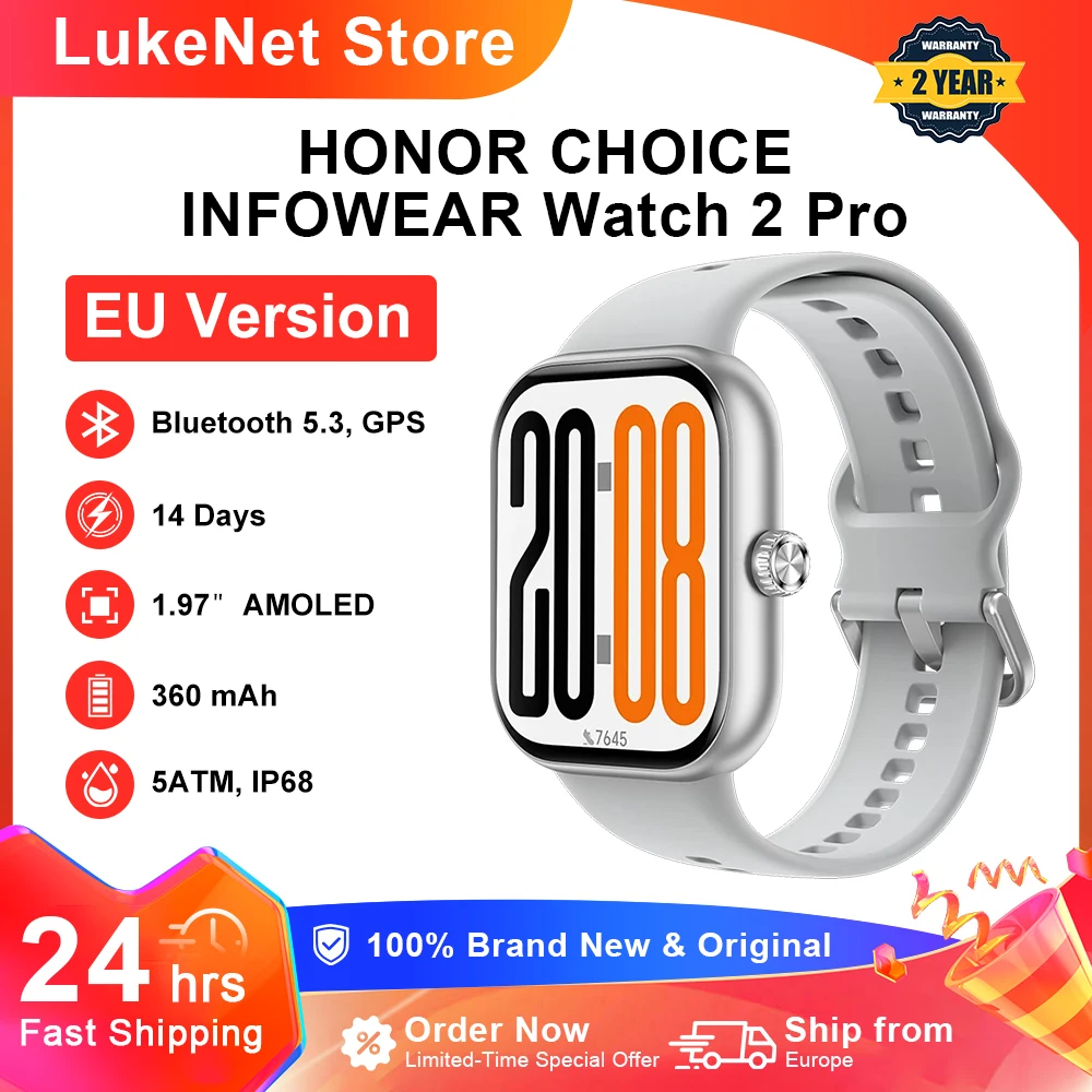 HONOR CHOICE INFOWEAR Watch 2 Pro, display AMOLED da 1,97" con cornice sottile, sistema GNSS autonomo, barometro e bussola.