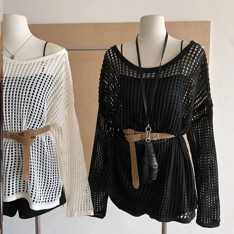 中空アウトニットセーター女性 Y2K 夏セクシーなスラッシュネック長袖トップスファッションルーズベルト固体女性プルオーバー