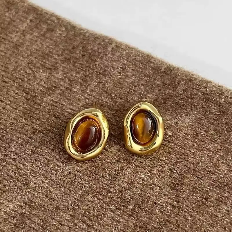 Real 925 Sterling Silver 18K Gold Irregular Oval Tiger Eye Stone Stud Earrings For Women Trendy Fine Jewelry Niche Accessories