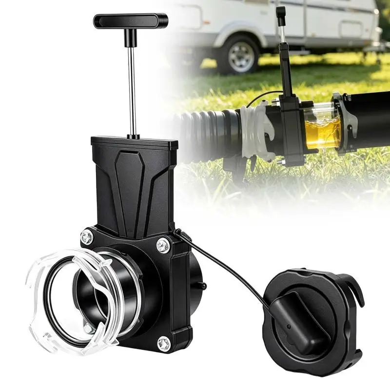 3in RV Waste Gate Valve Twist On Bayonet Sewer Drain with Clear Adapter Cap for Camper Road Trip Sewer Needs