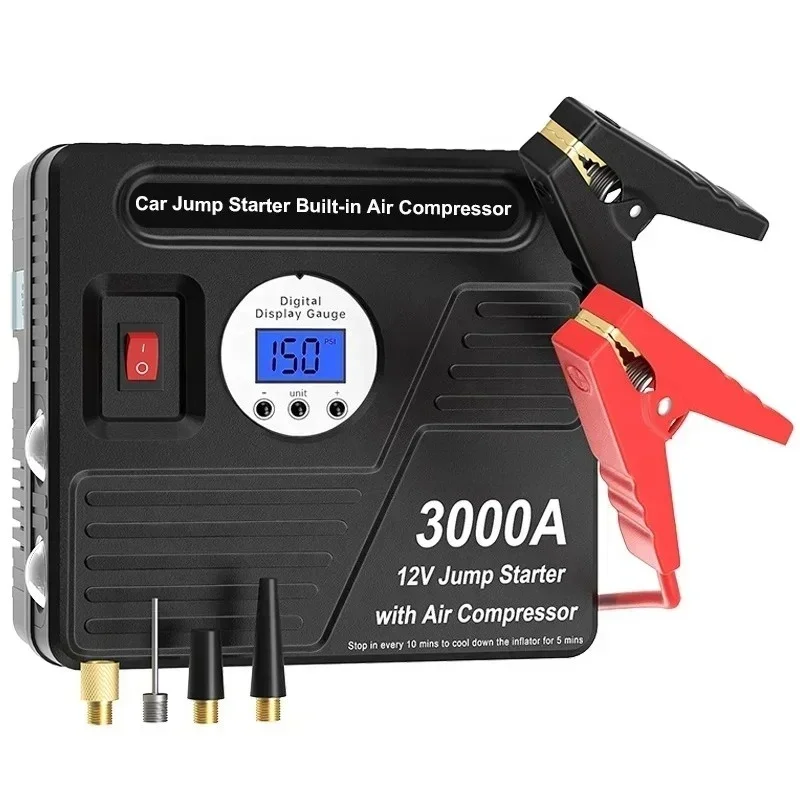 

Portable Jump Starter 3000A Car Battery Charger Booster Pack 12V Jump Starter Build With Air Compressor Tyre assistance Box