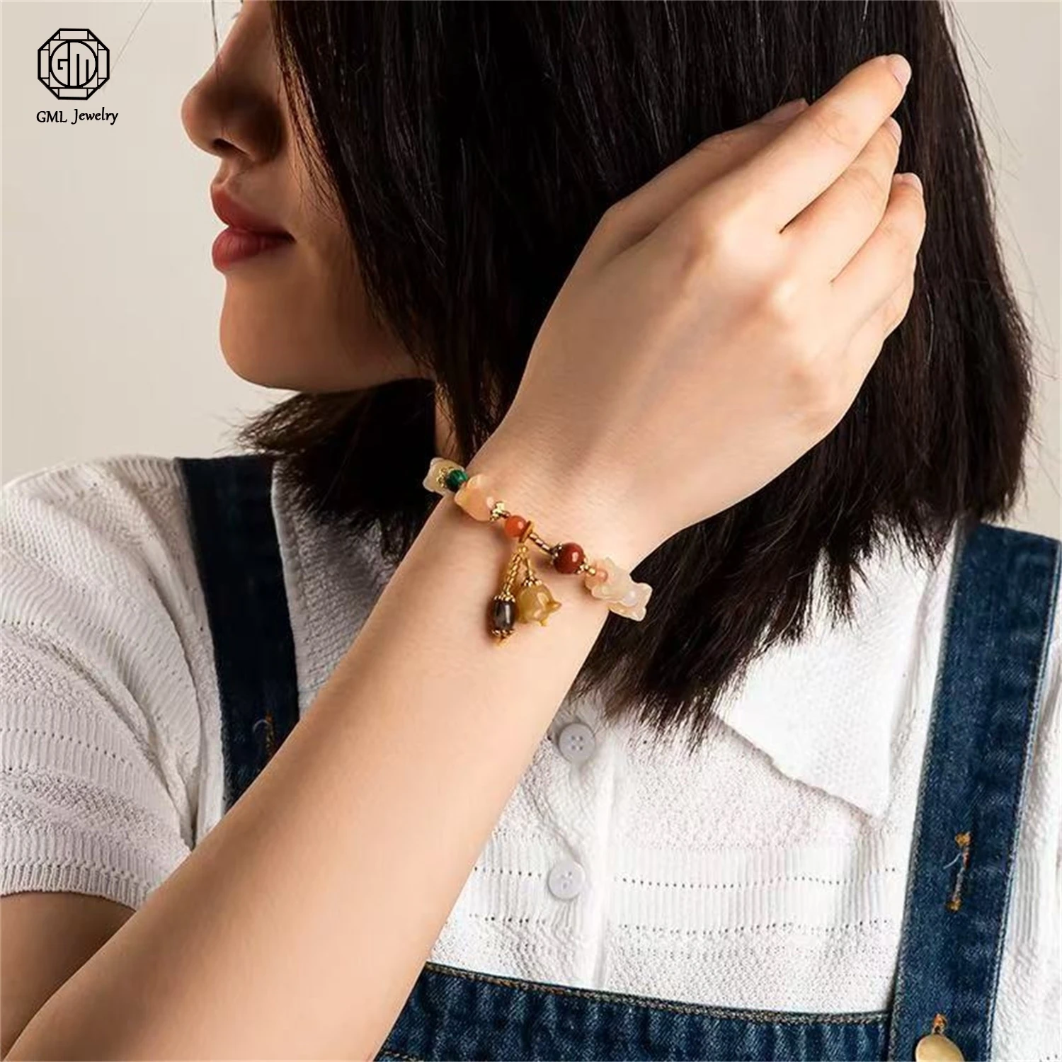 Natural Gold Silk Jade Orchid Flower Beaded Bracelet Yellow Jade Unique Ancient Style Women Gemstone Exquisite Jewelry Gift