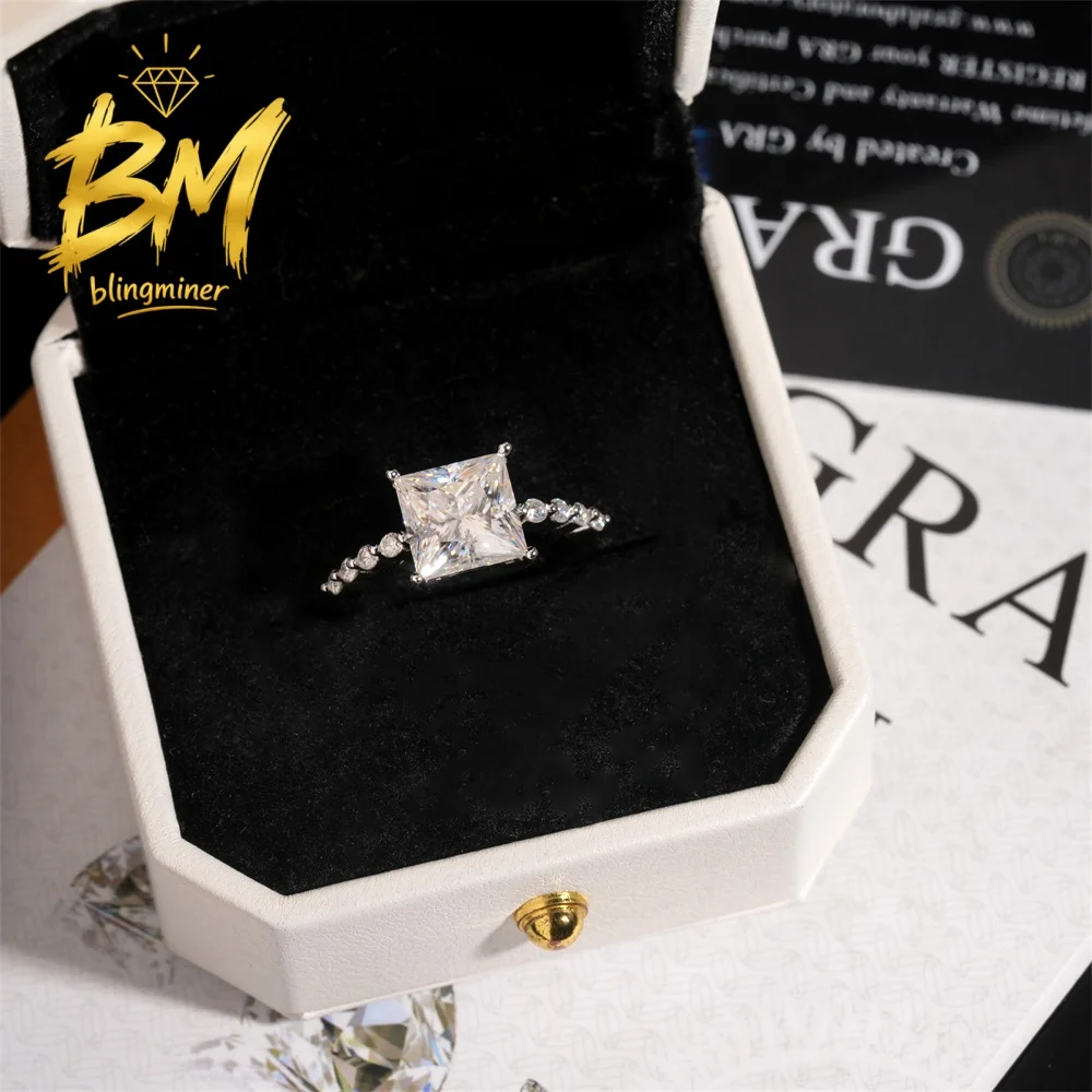 Blingminer Princess Cut 4CT S925 Silver VVS Moissanite Rings Engagement Wedding Women Finger Jewelry Pass Diamonds Free Shipping