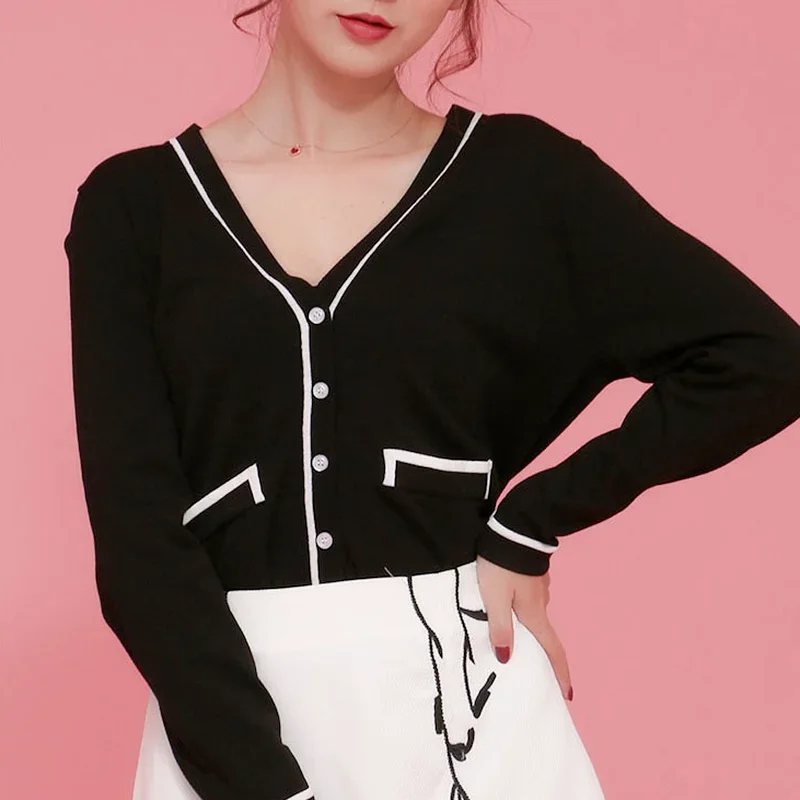 

Кардиган женский осенний вязаный свитер в корейском стиле тонкий модный универсальный с v-образным вырезом повседневная яркая линия одежды винтажная эстетика