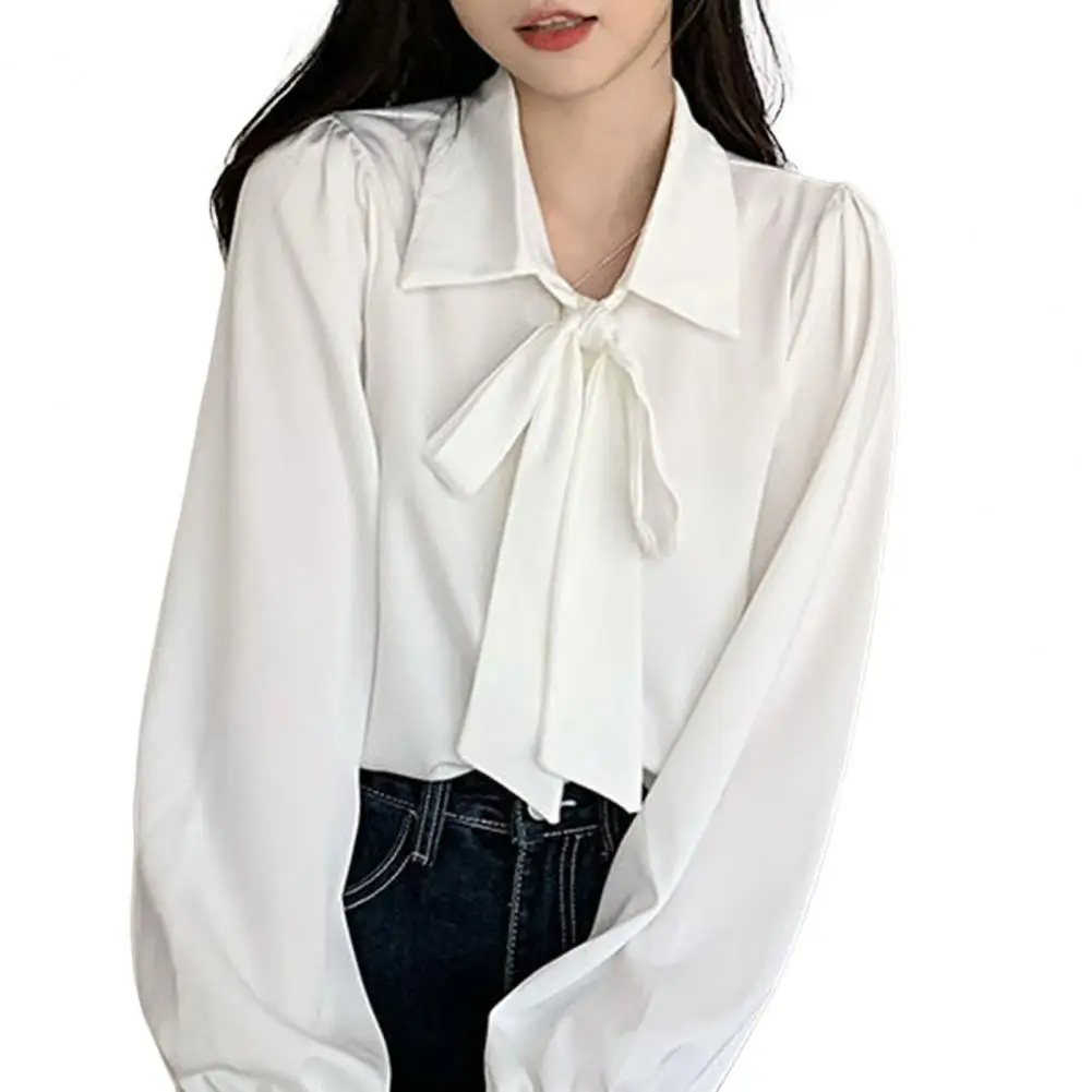 White Shirt Tie Bow Lapel Long Sleeves Women Shirt Casual Lantern Sleeve Autumn Shirt Blouse Female Clothing Women Commute OL