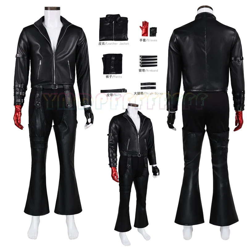 Veste en cuir noir, gants, bandes de bras, pantalon, ceinture, bande de cuisse, pour cosplay d'anime, personnage K du jeu King of Fighters.