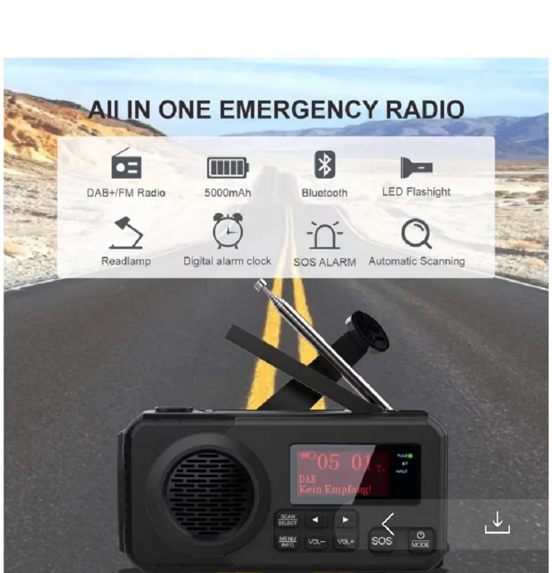DAB/DAB+/FM Digital Radio with 5000mAh power bank Solar Emergency SOS Radio with  hand crank recharge  lamp and Torch for camp