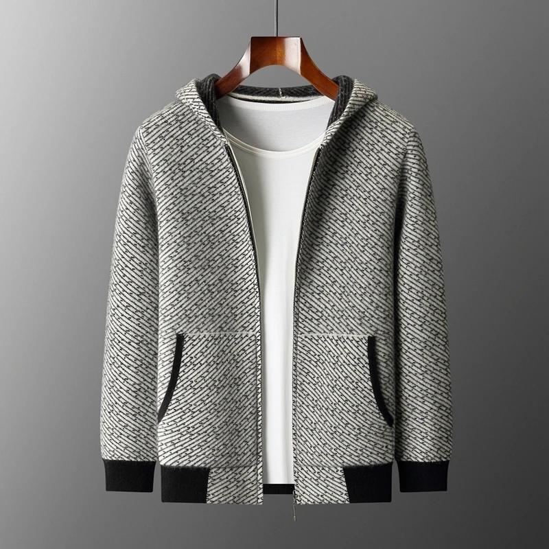 

Autumn And Winter 100% Wool Men's Hooded Zipper Jacquard Coat Business Casual Padded Knitted Cashmere Cardigan