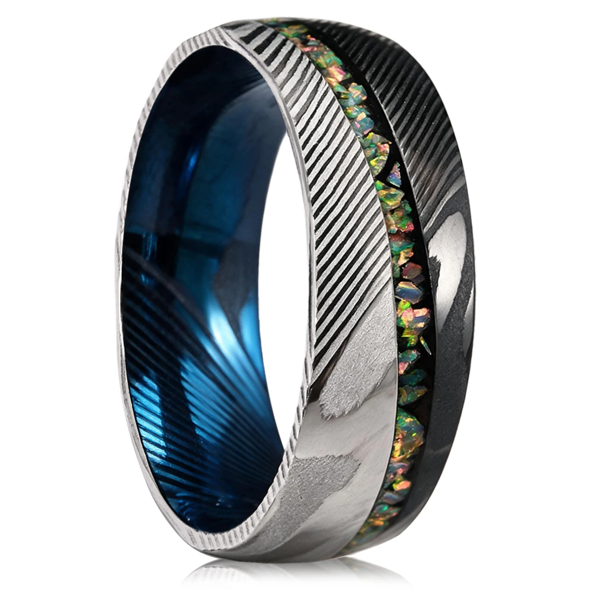 8MM Black&Silver&Blue Damascus Steel Men's Wedding Bands Inlaid Colorful Opal Classic Hammered Engagement Promise Daily Rings