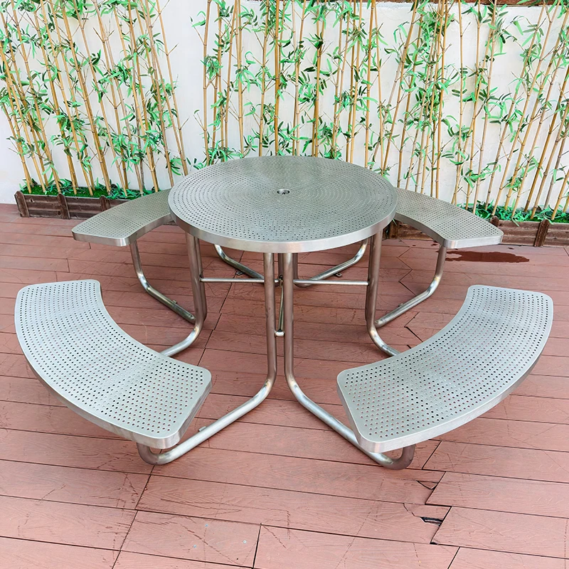 304 Stainless Steel Perforated Table Bench Set for Outdoor Library Museum Plaza Public Space Modern Durable Design