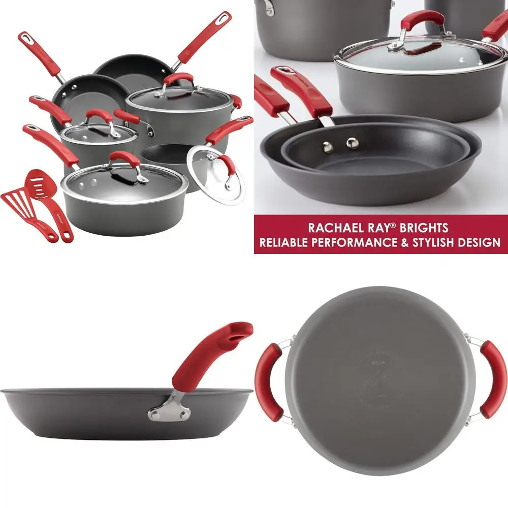 

Rachael Ray - 87661 Rachael Ray Brights Hard Anodized Nonstick Cookware Pots and Pans Set, 12 Piece, Gray with Red Handles