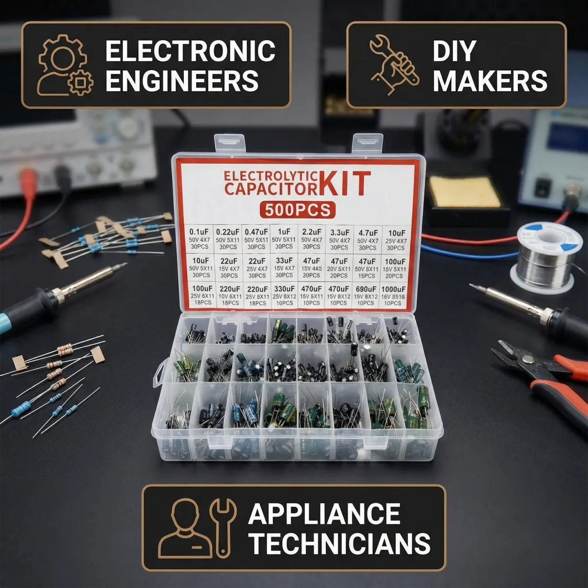 

500PCS Electrolytic Capacitor Assorted Kit 24Values 0.1uF-1000uF 10V 16V 25V 50V DIP Electronic Components Set with Storage Box