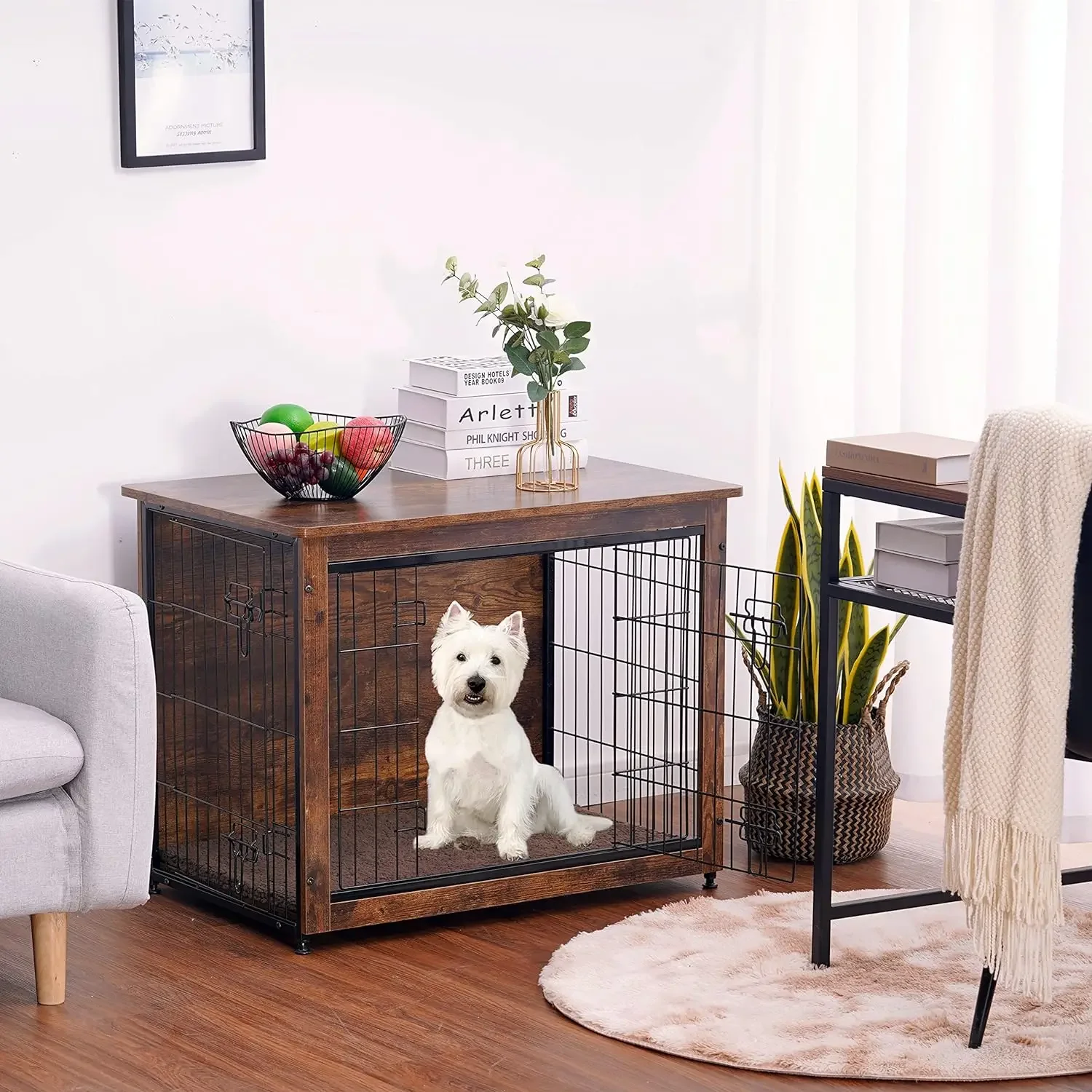 

Dog Crate Furniture with Cushion,Wooden with Double Doors,Dog Kennel Indoor for Small/Medium/Large