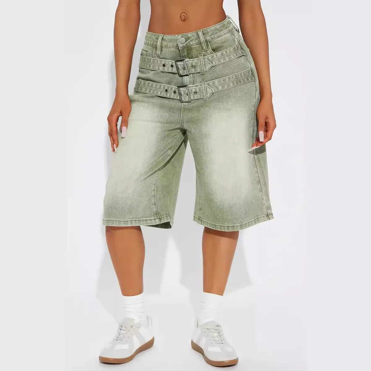 Street Fashion Women\'s Jeans Double Belt Adjustment Buckle Wash Water To Make Old Loose Gradient Straight Tubefifth Pants y2k