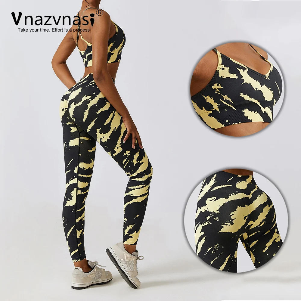 Vnazvnasi 2 Pcs Prints Seamless Sports Sets Yoga Kit for Fitness Push Up Tights Suit for Women Workout Clothes Sportswear Gym