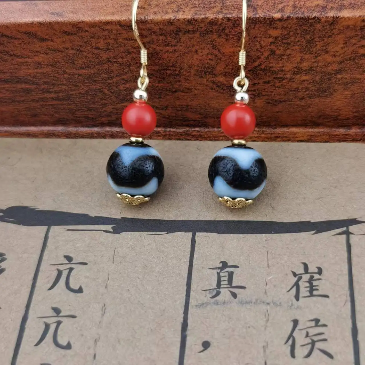 Tibetan Vermilion Agate Dzi Bead Drop Earrings Gemstone Men Hoop Drop Bridal Unisex Everyday Minimalist Abundance Lucky Jewelry