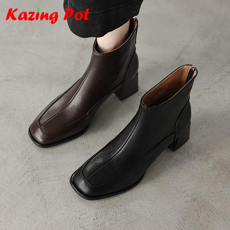 Krazing Pot Sheepskin Square Toe High Heels Zip Boots Warm Winter Shoes Office Lady Modern Fashion Modern Big Size Ankle Boots