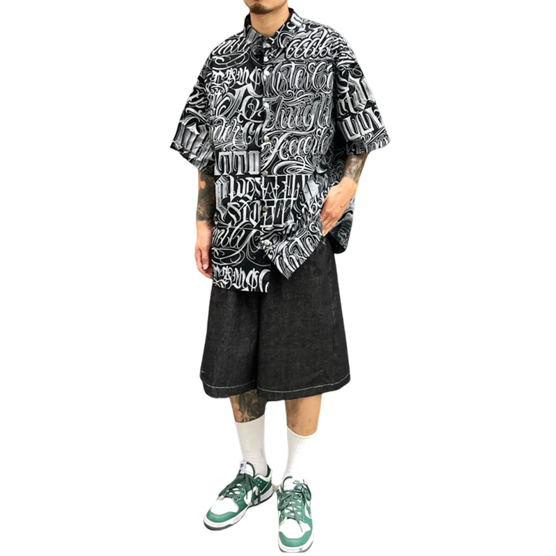 Hip Hop Shirt Streetwear Mens Hawaiian Shirts Harajuku Letters Printed New Summer Casual Beach Short Sleeve Loose Tops Shirts