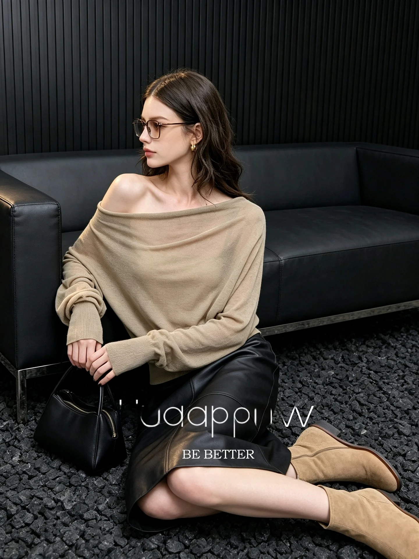 Huaappuw Simple Slope Shoulder Knitted Sweater Women's Loose Batwing Sleeve Top French Style Polyester Rayon Fiber Long Sleeve