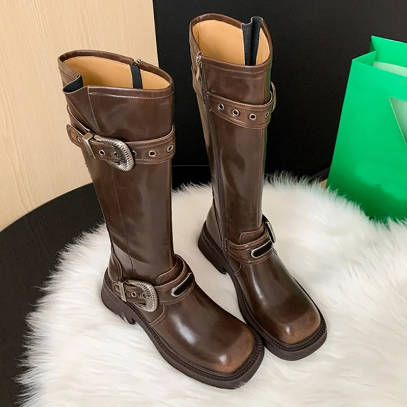 

Metal Buckle Belt Square Toe Boots Sexy Square Toe Square Heel Solid Matte Leather New Arrvials Fashion Women Boots