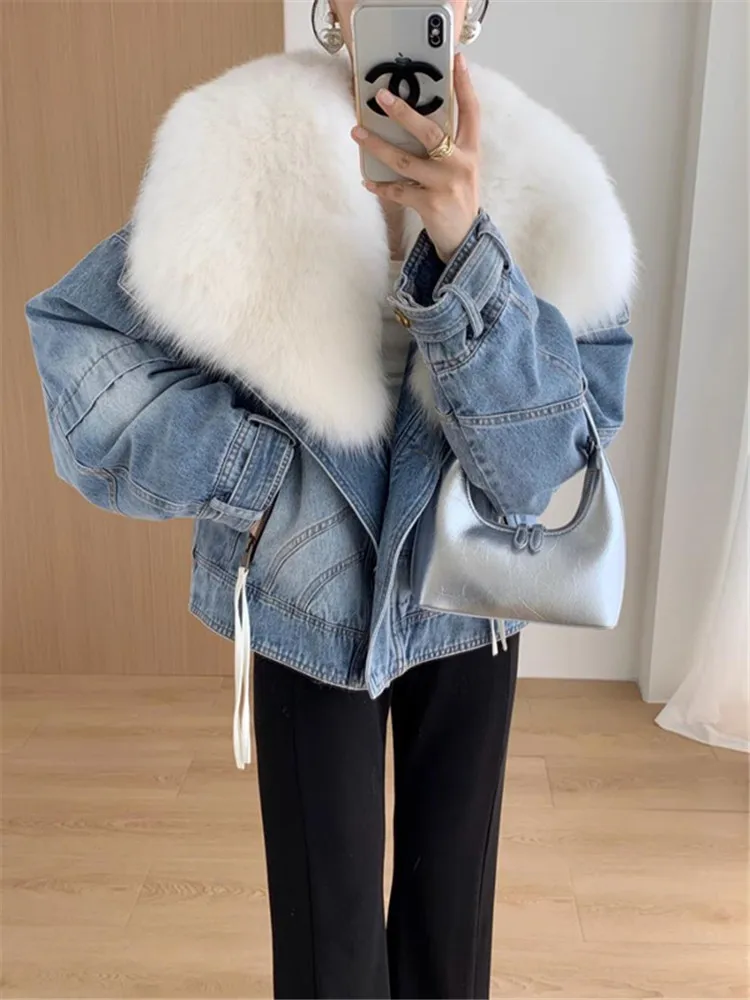 2023 New Winter Imitation Fox Fur Denim Jacket Women\'s Overcoat Fashion Blue Fur Collar Cotton-Padded Jacket Liner Jeans Coat