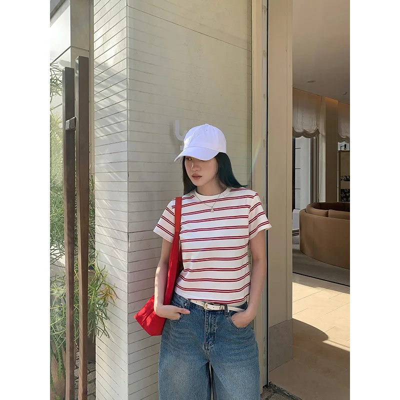 Benuynffy Striped Short Sleeved Crew Neck T-Shirts Women 2026 Summer New Korean Slim Sit Casual All Match Female Short Top