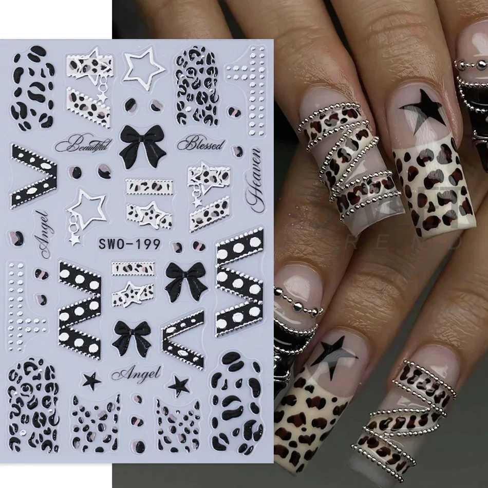 2 Stück Y2K Nagelaufkleber Schwarz Rosa Leopardenmuster Schleife Hohlstern Band Französisches Design Nagelsticker DIY Halloween Maniküre Deko – Detail 4