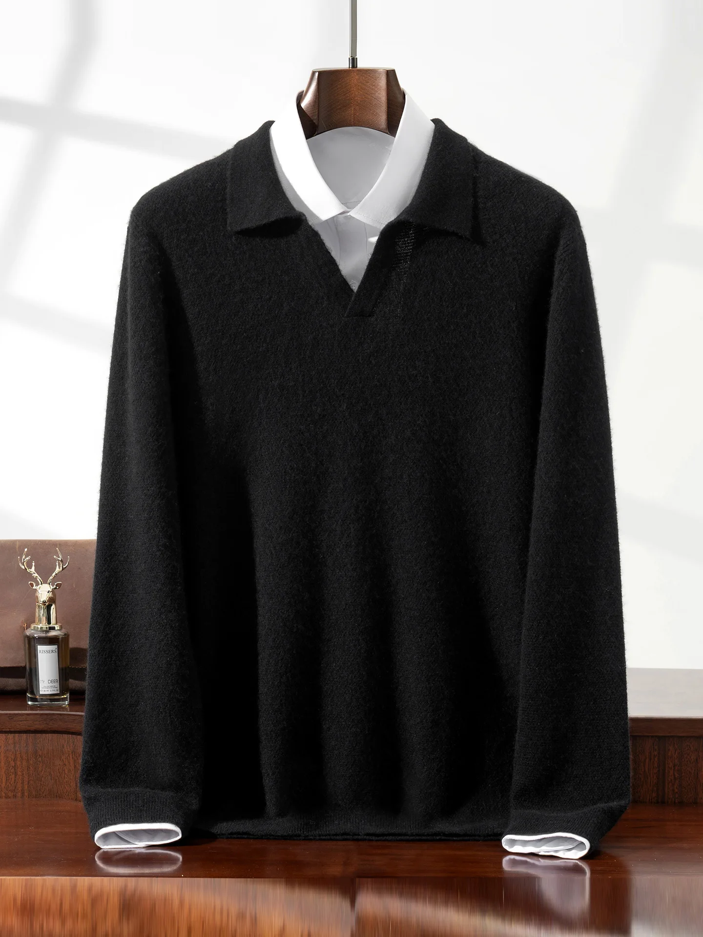 Smart Casual Autumn Winter Man Sweater Light Luxury 100% Cashmere Knitwear Polo Collar Pullover Men Long Sleeve Clothing Tops