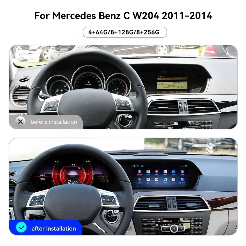 AA Dual HD Touch Screen 12.3 Inch Android 15 Head Unit Wireless CarPlay Car Radio For Mercedes Benz C W204 2011 2012 2013 2014