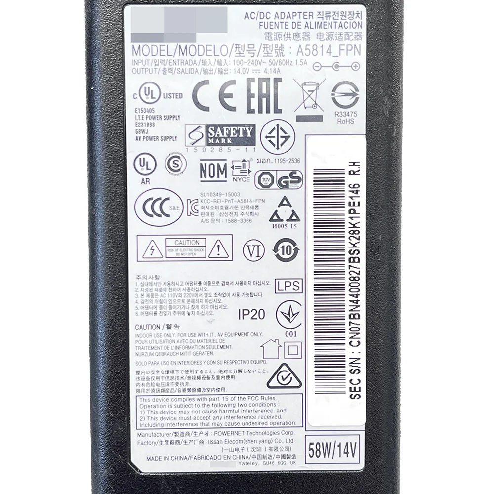 LS29E790CNS T24C730 T24C350ND T24C350 S32E590C สำหรับจอ ac/dc อะแดปเตอร์4.14A BN44-00827B BN4400827B A5814_FPN 58W 14V