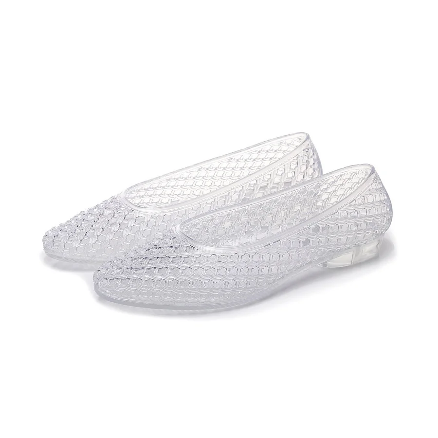 French Vintage Woven Jelly Sandals Ladies Pointed Translucent PVC Flats Women's Clear Breathable Round Toe Casual Everyday Shoes