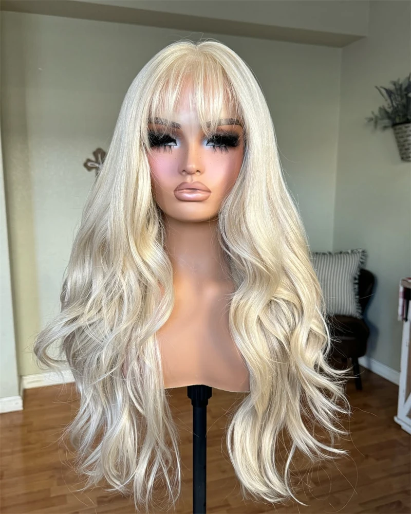 Iced Blond Wig with Bangs Wavy Money Piece Light Golden Blonde Wig White Synthetic Hair Lace Front Wig Human Hair Blends TopSale