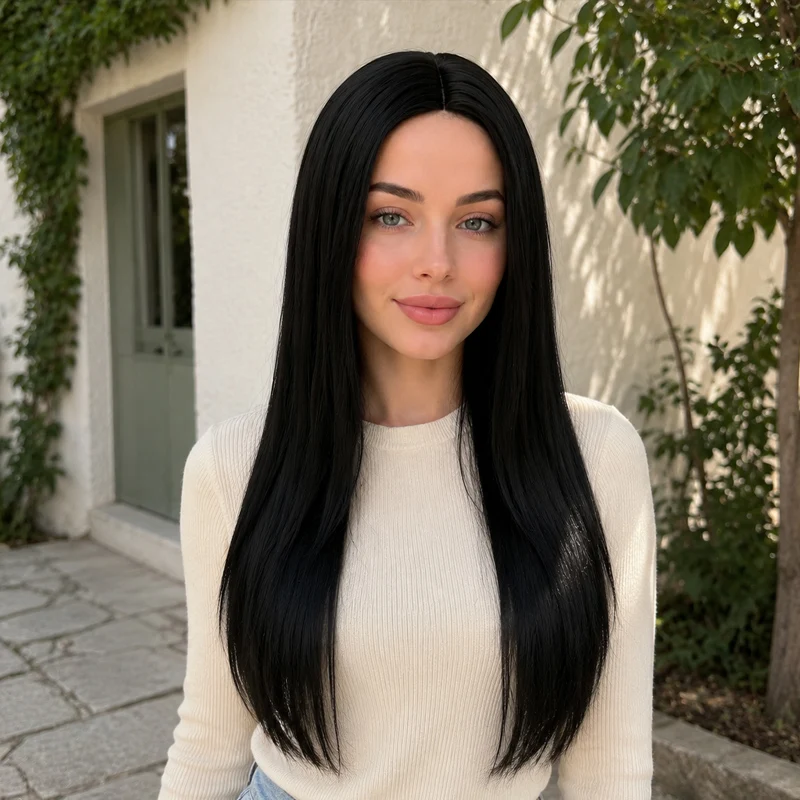 28-inch long, straight black synthetic wig for women, suitable for carnival cosplay and everyday wear.