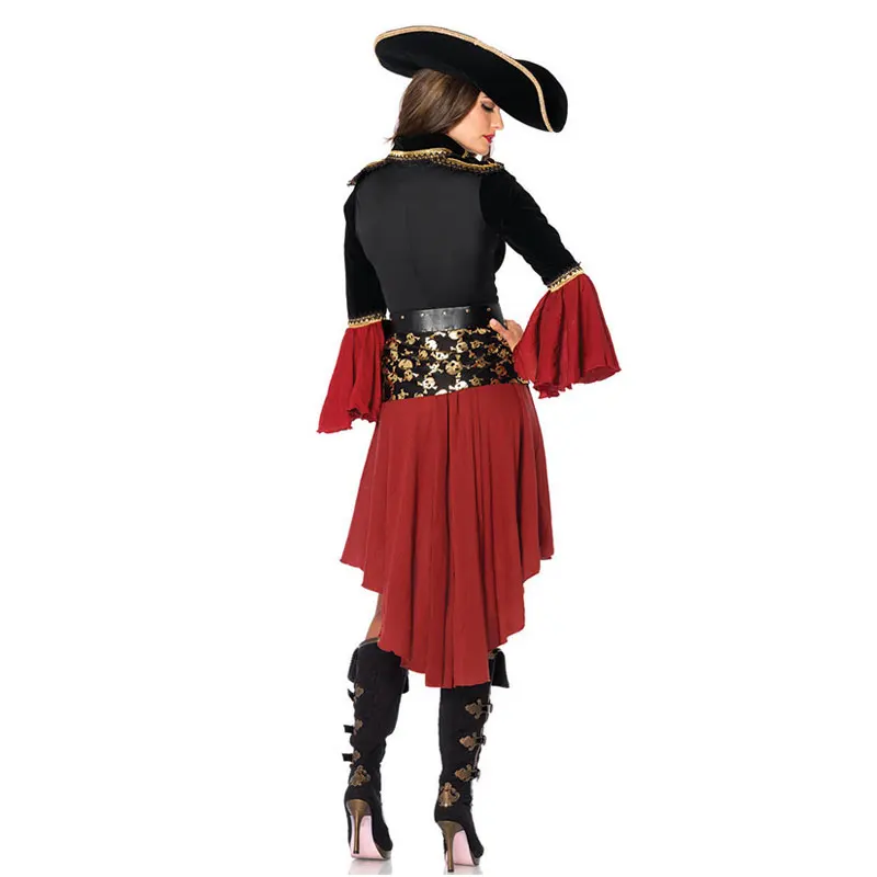 Women Caribbean Pirates Captain Costume Halloween Role Playing Cosplay Suit Medoeval Gothic Fancy Female Clothing Hat Belt Dress