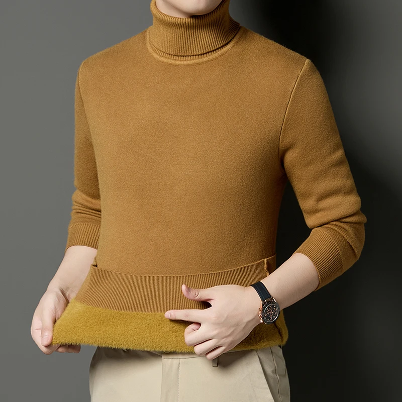 High neck sweater men's winter new style with added fleece and thick wool sweater for warmth, inner layer and base knit sweater