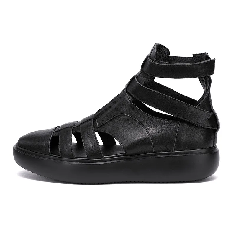 Zomer Mannen Muffin Dikke Zolen Wees Teen Lederen Sandalen Klassieke Zwarte Koeienhuid Cool Jongen Straat Smalle Band Strap Casual schoenen