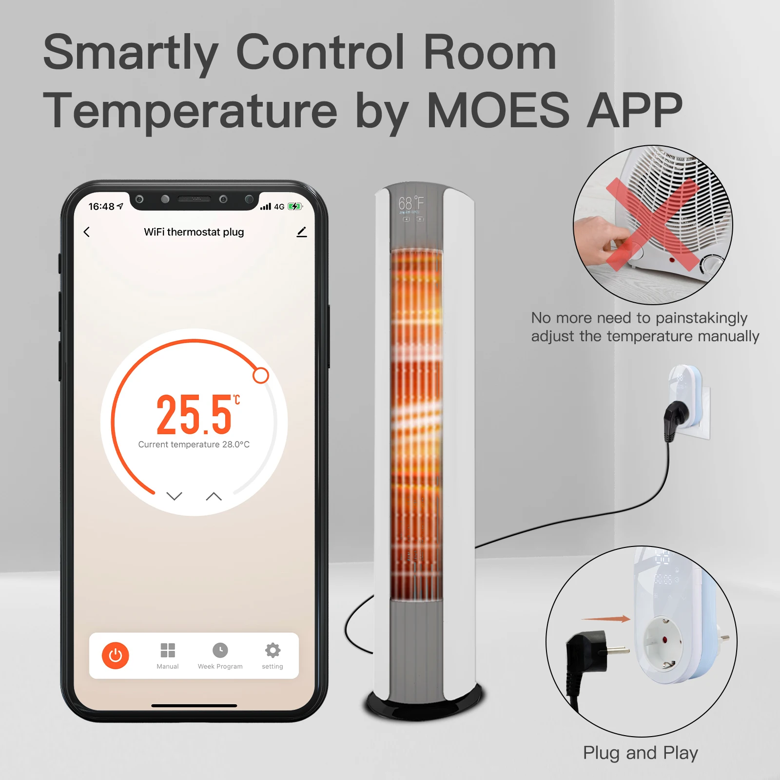 MOES-termostato LED inteligente con WiFi, enchufe de salida, modo de calefacción y refrigeración, 16a, Control remoto por aplicación, Compatible con