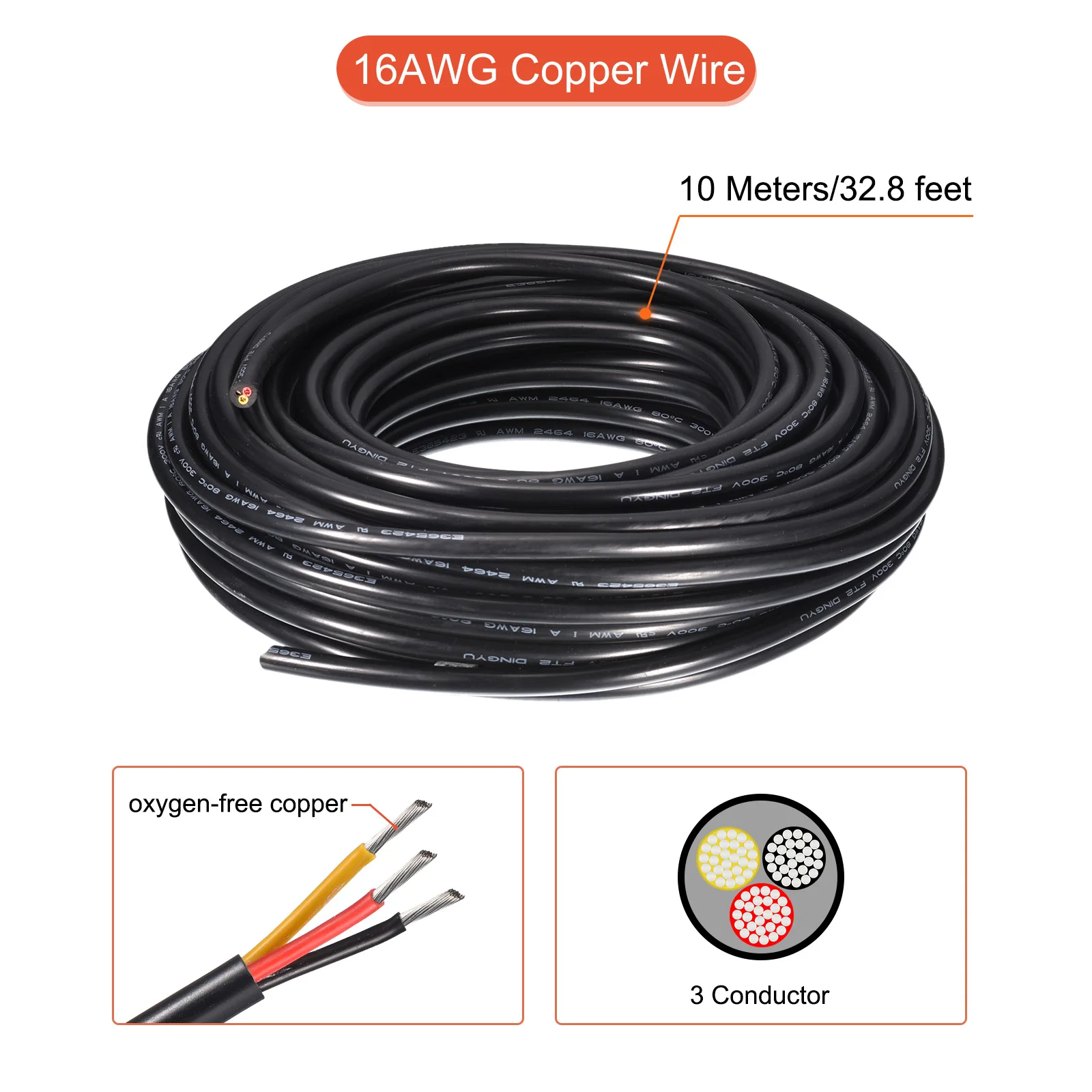 10-30 متر UL2464 سلك كهربائي 3 موصل 18AWG 16AWG 14AWG كابل الطاقة سلك PVC كابل نحاسي لشرائط LED مصابيح الإضاءة