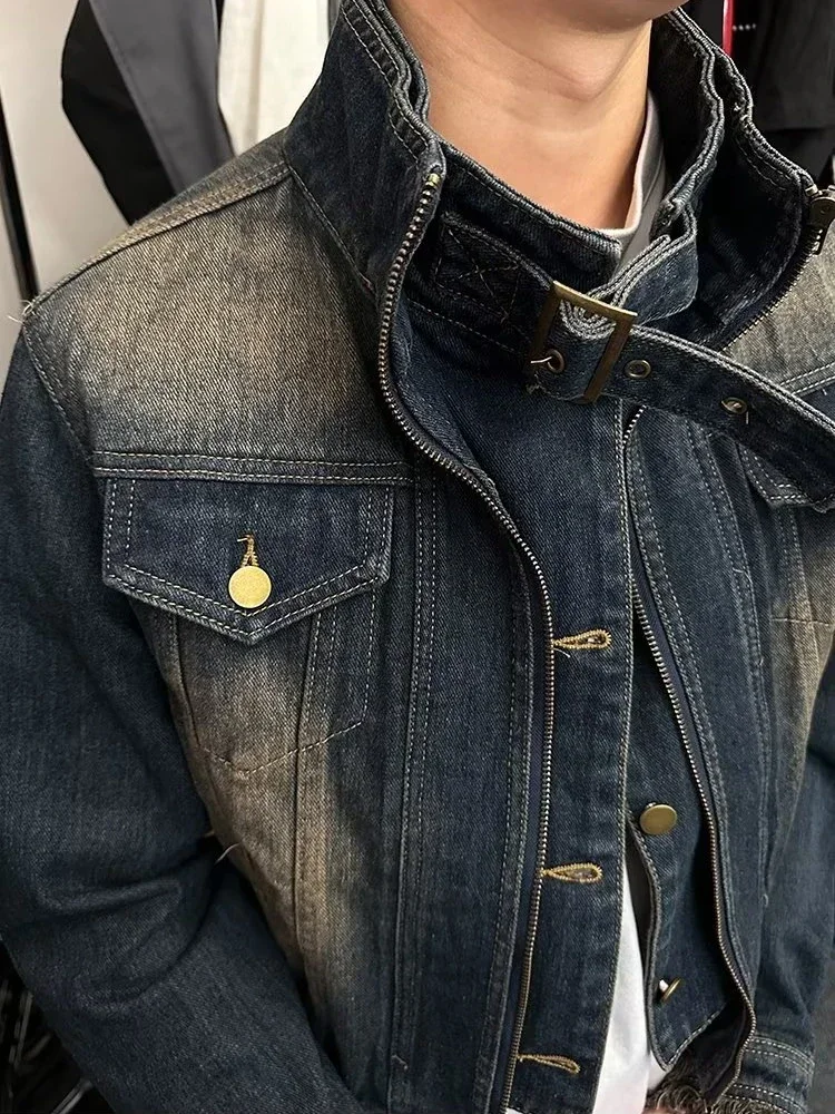 Cropped Denim Jacket Men Women Washed Stand-up Collar  Cowboy Coat High Street Baggy Couples Casual Tops Spring