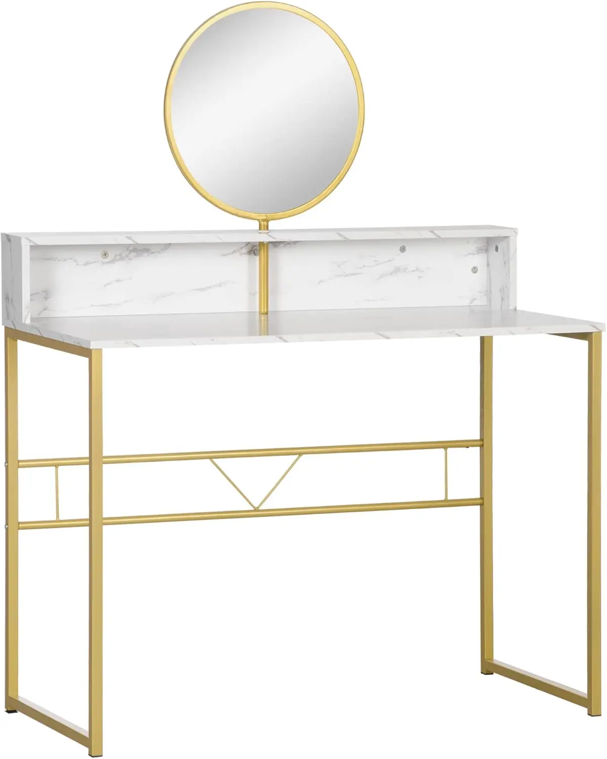 

Modern Vanity Makeup Desk with Mirror, Dressing Table with Open , Faux Marble Finish and Steel Frame for Bedroom, White and Gold